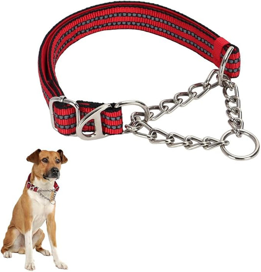 Choke Collar for Dogs，Stainless Steel Chain Collar Martingale, No Pull Slip Cinch Training Escape Proof Heavy Duty Dog Collar for Small Medium Large Pet Boy Male Dogs，Red L
