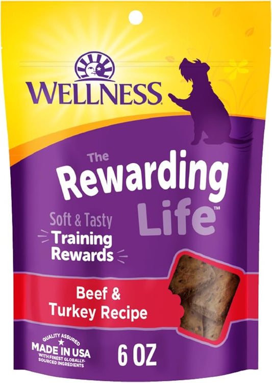 Wellness Rewarding Life Soft Dog Training Treats, Natural, Grain Free, Beef and Turkey Recipe, 6 oz Bag