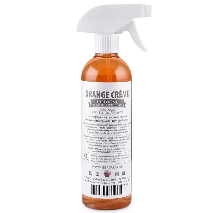 Jeffers Pet Cologne Spray with Coat Conditioner for Dogs & Cats, 16 oz - Detergent & Soap Free Grooming Fragrance Mist, Coat Deodorizer, Freshener, Safe for Pets, Salon, Home Use - Orange Creme