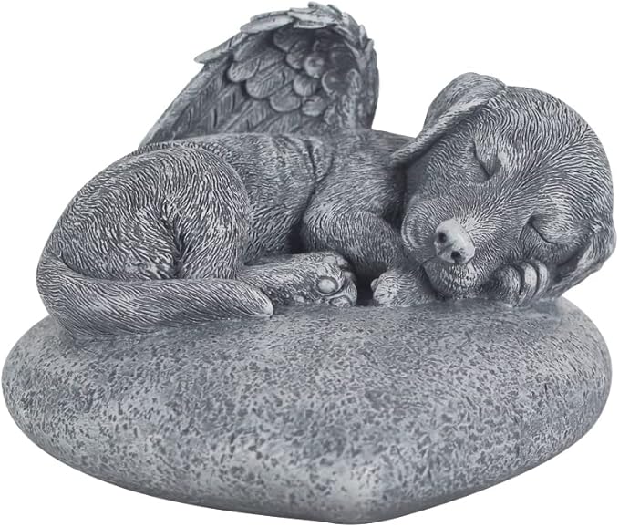 Personalized Angel Dog Statue Memorial Stones Grave Markers with A Sleeping puppy On the Heart-Shaped Stone-Dog Memorial Gifts for Loss of Dog.