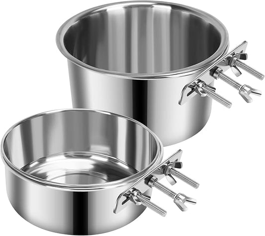 2 Pcs Large Dog Food Water Bowl for Cage with Upgraded Clamp Holder, Pet Kennel Hanging Bowls Stainless Steel Non-Spill Detectable Bowls Crate Feeder Dish for Large Dogs (7x3.7''& 6.3x2.5'')