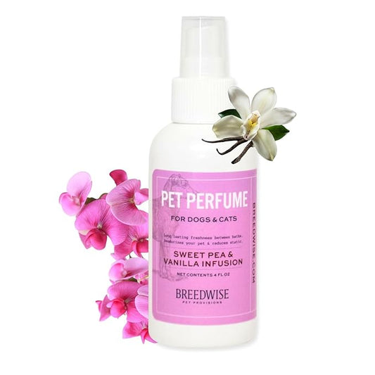 Breedwise Dog Perfume Spray - Sweet Pea & Vanilla Long Lasting Dog Cologne for Odor Neutralizing - Gentle Puppy Deodorizer & Grooming Mist for All Breeds - Made in USA (4 Oz)