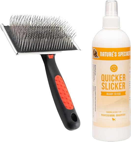 RYAN'S PET SUPPLIES Dog Slicker Brush + Spray Bundle - Hair Brush for Long Haired Dogs Grooming, Detangling, Conditioning - Poodle, Goldendoodle, Labradoodle, Doodle Breed Owners