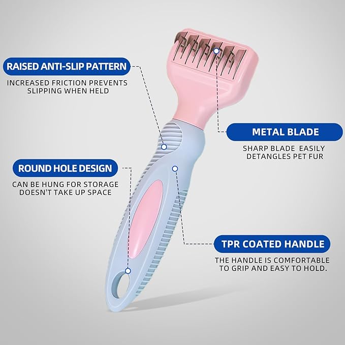 Pink Professional Pet Dematting Comb with Handle Metal Dog Comb Dematting Fur Rake Brush Pet Grooming Tool for Dogs and Cats Remove Loose Hair Mats Knots Tangles