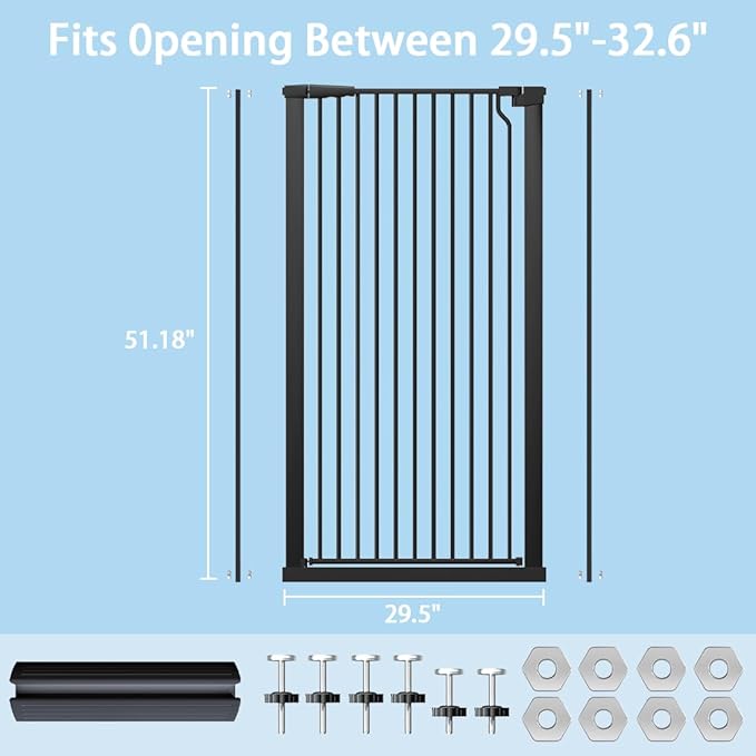 51.18" Extra Tall Cat Gate for Doorway,29.5"- 32.6" Wide Auto Close Tall Pet Gate No Drilling Pressure Mounted for Hallway Kitchen,Black