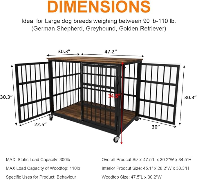 48" Dog Crate Furniture, Heavy Duty Dog Kennel Indoor for Large Dogs, Escape-Proof and Chew-Proof Wooden Dog Cage for high Anxiety Dog, Decorate House as TV Stand, End Table