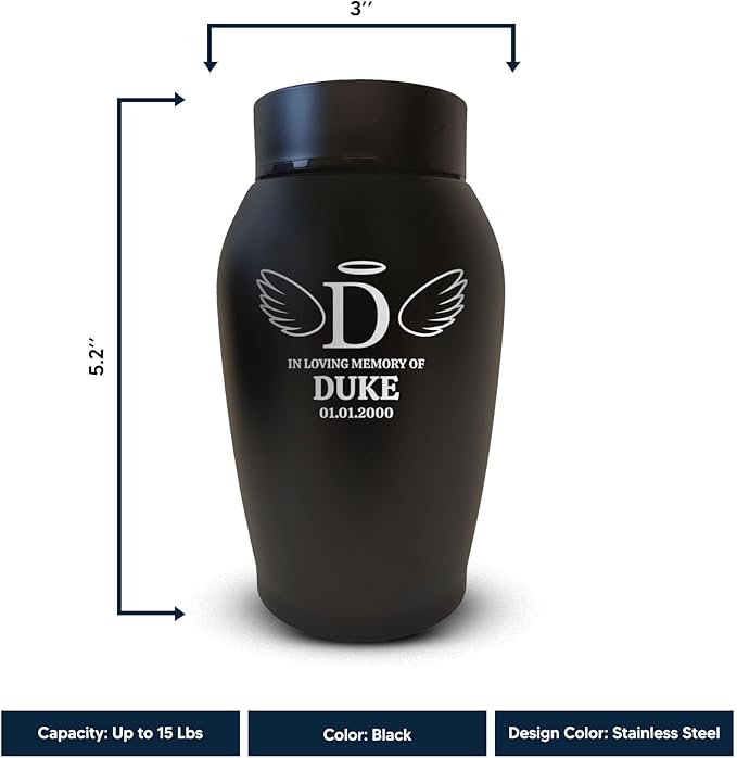 Personalized Custom Small Keepsake Urn Engraved with Pet Name, Date, and Dog Design - 5.2" Black Powder Coated Steel Cremation Urn for Dogs Ashes | 12-16 lb Capacity, Wings and Halo