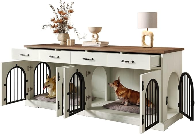 70.8'' Double Dog Crate Furniture for 2 Small and Medium Dogs,XXL Wooden Dog Kennel with 4 Storage Drawers,Removable Divider,Dog Crate TV Stand,Indoor Decorative Dog Cage with 4 Door,White