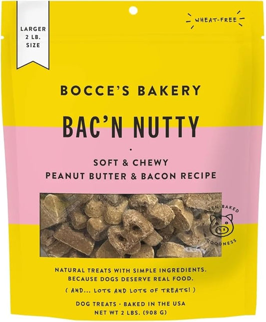Bocce's Bakery Bac' N Nutty Soft & Chewy Peanut Butter & Bacon Recipe Natural Dog Treats, Wheat-Free, 2 lb (Pack of 1)