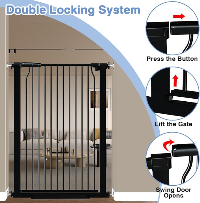 40.55" Extra Tall Baby Gate for Stairs-54.8"-60.2" Wide 1.37" Ultra Narrow Spacing Extra Wide Pet Cat Gate Dog Gate-Auto-Close Pressure Mounted Dog Door for Pets and Kids,Black
