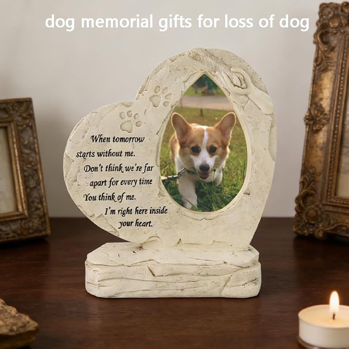 Heart Shaped Pet Dog Memorial Stones with Photo Frame, Pet Headstones Grave Stones for Dogs or Cats, Sympathy Pet Dog Memorial Gifts Remembrance Loss Gifts Outdoor or Indoor