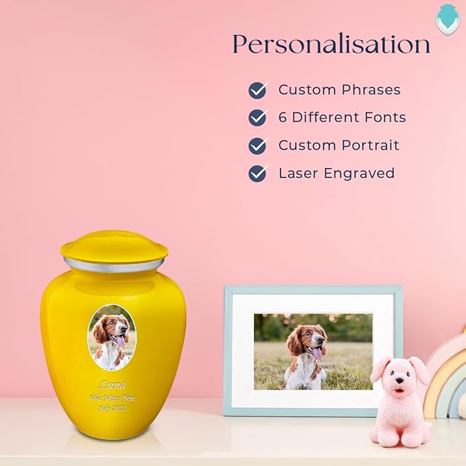 Geturns Embrace Personalized Picture Urn for Small Pets I Yellow Photo Cremation Urns for Dogs and Cats I 44 lbs