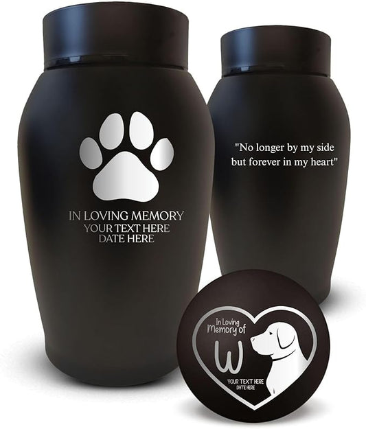 Personalized Custom Dog Urn: Engraved Dog Name and Date - Stainless Steel Cremation Urns for Dog Ashes with Airtight Closure | Dog Paw, Black