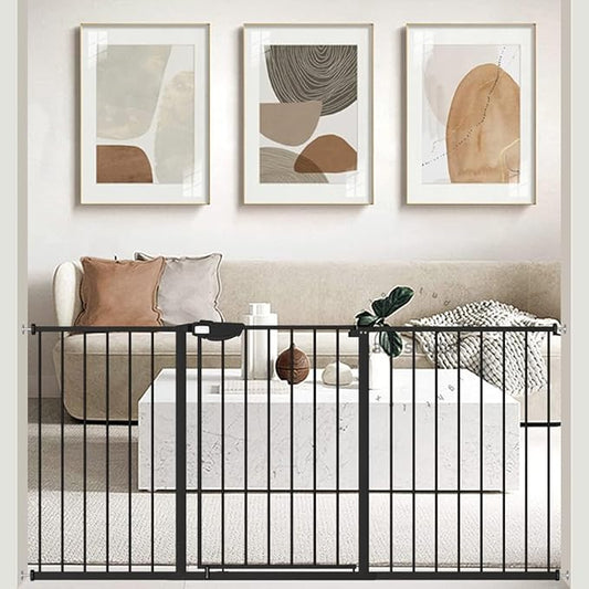 WAOWAO Triple Lock Baby Gate Extra Wide 62.59-67.32" Pressure Mounted Walk Through Swing Auto Close Safety Black Metal Dog Pet Puppy Cat for Stairs,Doorways,Kitchen