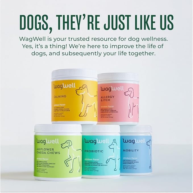 WagWell Ahiflower Omega Chews for Dogs | Vet-Formulated Health Supplement for Joints, Skin, Coat | Plant-Based Omega 3-6-9 | for Dogs of All Ages & Sizes, All Natural, Made in USA | 60 Chews