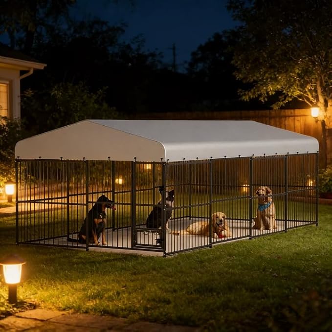 Garvee Dog Kennel Outdoor with Waterproof Canopy, Large Dog House with Feeding Doors, Large Dog Kennel Outdoor for Garden Backyard Courtyard（10×20×7FT）