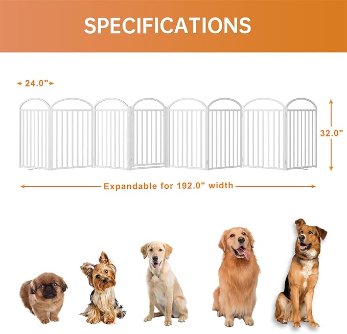 8 Panels Full Matel Freestanding Dog Gates with Door, 192"Extra Wide 32"Tall Free Standing Dog Pet Gate for Indoor & Outdoor. Foldable Pet Fences for Doorways, House, Stairs, Porch, Deck, Yard