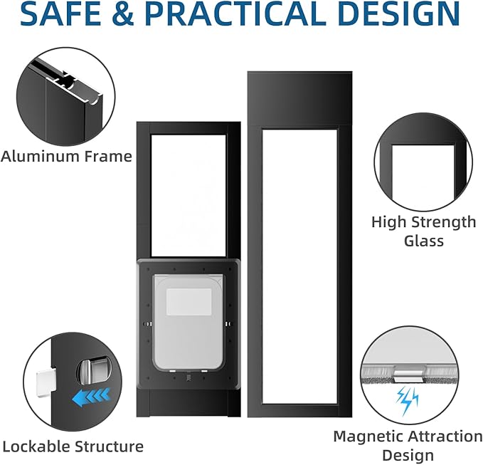 Dog Door for Sliding Glass Door, Magnetic Plastic Flap Sliding Door Pet Insert with Lock, Adjustable Height 74.2”-80.7”, No-Cut Installation for Patio Dog Access(Black L)
