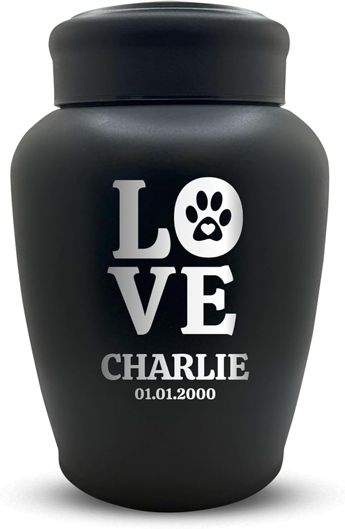Custom Engraved Dog Urn with Name and Date - Stainless Steel Large Cremation urns for Dogs Ashes with Airtight Closure | up to 150 lbs Capacity | Love Print