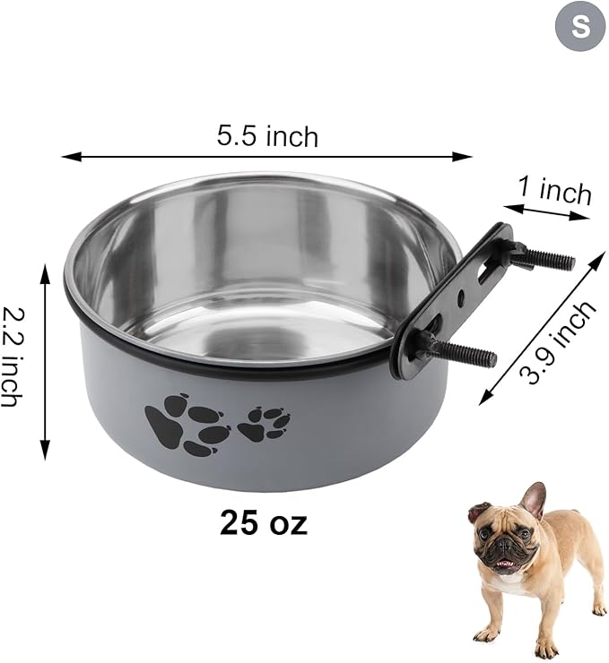 Dog Bowl Kennel Water Bowl Hanging Stainless Steel Pet Food Water Bowl Cage Feeding Cup Feeder for Medium and Small Dogs Cats (Gray, Small 5.5")