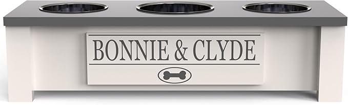 GTW Elevated 3 Bowl Dog Feeding Station - Customized Triple Stand for Small Dog Breeds - Includes Storage & Stainless Steel Bowls (Small, Grey)