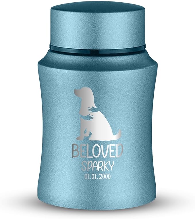 Customized Small Keepsake Urn Personalized Engraved with Pet Name, Date, and Dog Design - 4" Powder Coated Steel Cremation Mini Compact Urn for Dogs Ashes | 5–10 Lbs Capacity | Powder Blue, Embrace