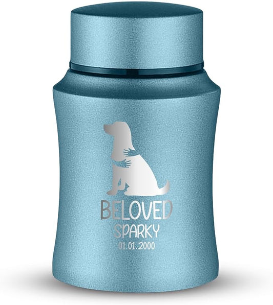 Customized Small Keepsake Urn Personalized Engraved with Pet Name, Date, and Dog Design - 4" Powder Coated Steel Cremation Mini Compact Urn for Dogs Ashes | 5–10 Lbs Capacity | Powder Blue, Embrace