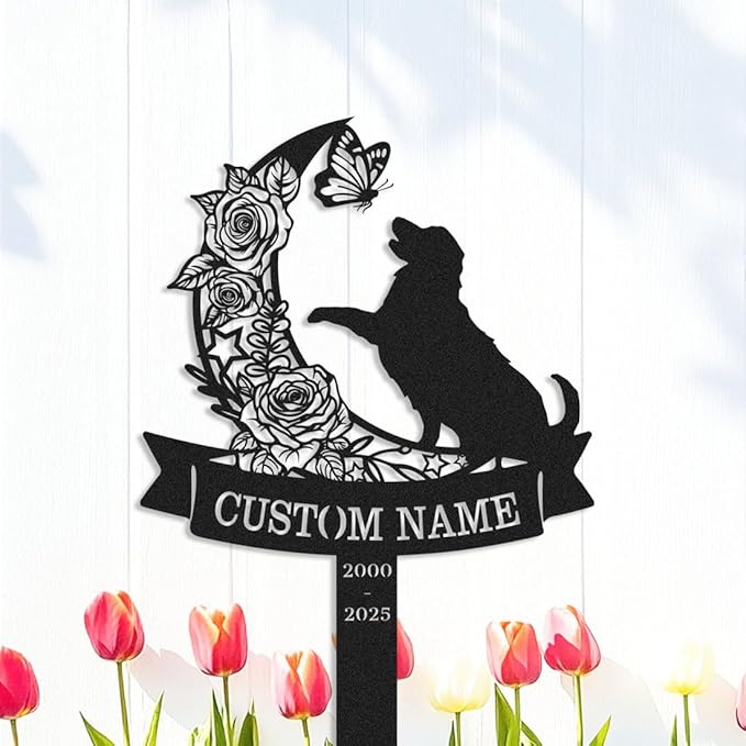 Custom Golden Retriever Dog Memorial Stake Personalized Flowers Moon Dog Memorial Grave Marker Metal Garden Stake, Customized Pet Name Burial Stake Sympathy Gift Dog Loss Memorial Sign