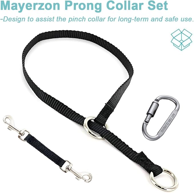 Mayerzon Backup Collar, Double Ended Clip and Carabiner for Prong Collar, Pinch Collar and Dog Harness, Safety Use for Walking and Training (XL, Black)