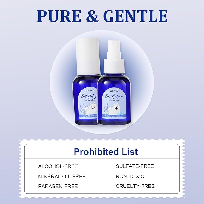Pet Cologne Spray, Sea Salt & Sage Dog Perfume, Natural Ocean Scent, Deodorizing Grooming for Dogs and Cats, Alcohol-Free, Between Baths Freshener, 2.37 fl oz