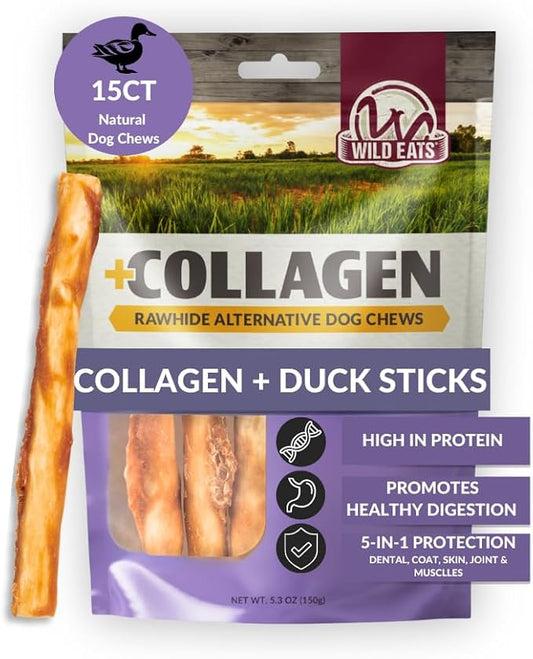Wild Eats Real Duck Collagen Retriever Bully Sticks for Dogs, (15 Count), Long Lasting Dog Chews, No Hide Dog Treat Bully Stick Alternative, Rawhide Free, Low Fat, High Protein, Grain Free