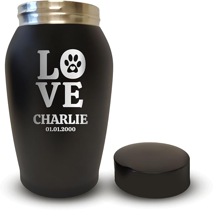 Personalized Custom Small Keepsake Urn Engraved with Pet Name, Date, and Dog Design - 5.2" Black Powder Coated Steel Cremation Urn for Dogs Ashes | 12-16 lb Capacity, Love Print