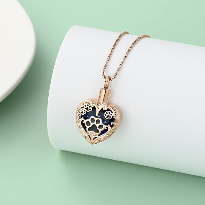 Heart Urn Necklace For Ashes Birthstone Pet Memorial Jewelry Dog Paw Print Cremation Pendant Stainless Steel Keepsake Gift For Pet Lovers