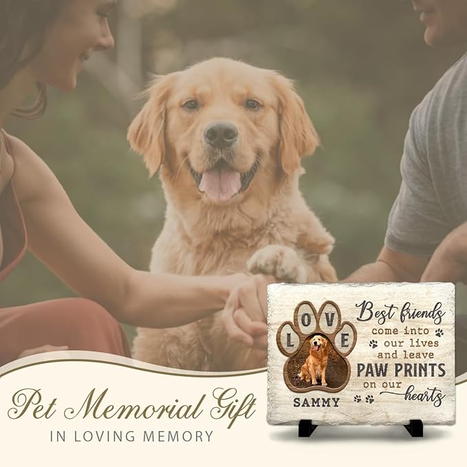 Dog Memorial Stone - Love Pawprint Plaque with Custom Photo & Touching Optional Quotes - Pet Loss Gift, Personalized Stones for Dogs Lover - Paw Prints on Our Hearts, Garden Décor