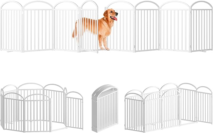 8 Panels Full Matel Freestanding Dog Gates with Door, 192"Extra Wide 32"Tall Free Standing Dog Pet Gate for Indoor & Outdoor. Foldable Pet Fences for Doorways, House, Stairs, Porch, Deck, Yard