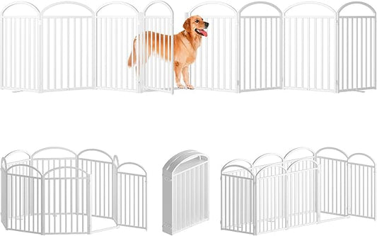 8 Panels Full Matel Freestanding Dog Gates with Door, 192"Extra Wide 32"Tall Free Standing Dog Pet Gate for Indoor & Outdoor. Foldable Pet Fences for Doorways, House, Stairs, Porch, Deck, Yard