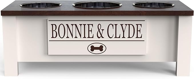 GTW Elevated 3 Bowl Dog Feeding Station - Customized Triple Stand for Medium Size Dog Breeds - Includes Storage & Stainless Steel Bowls (Medium, Brown)