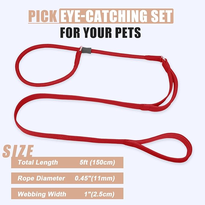 Slip Lead Dog Leash, Double Handle, Soft Leather, Heavy Duty Nylon, No Pull Walking, 5ft Red