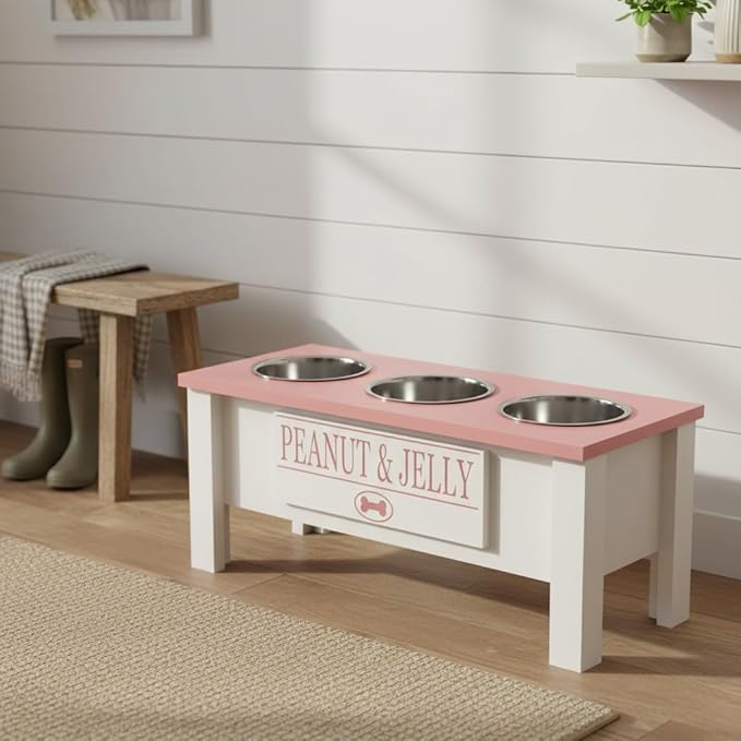 GTW Elevated 3 Bowl Dog Feeding Station - Customized Triple Stand for Large Dogs - Includes Storage & Stainless Steel Bowls (Large, Pink)