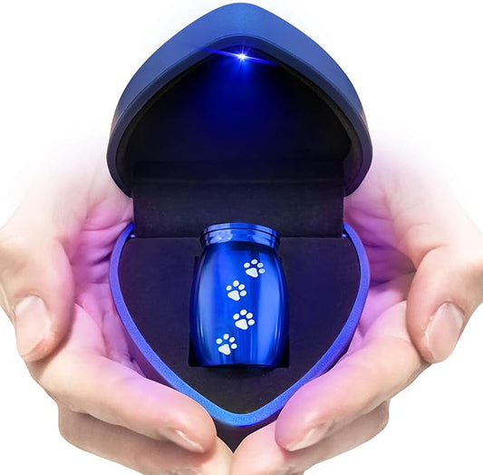 Small Pet Urns for Dogs Ashes, Mini Cat Urn for Ashes Keepsake, Tiny Cremation Animal Memorial Necklace ERN Earns Urnas Loss of Dog Cat Gifts, Pet Paw Print Urn - Heart Box with Blue Light