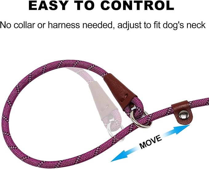 7ft Slip Lead Dog Leash for Small Dogs, Anti-Pull Puppy Training Lead, Lightweight Slip Rope Leash Easy On/Off, Purple