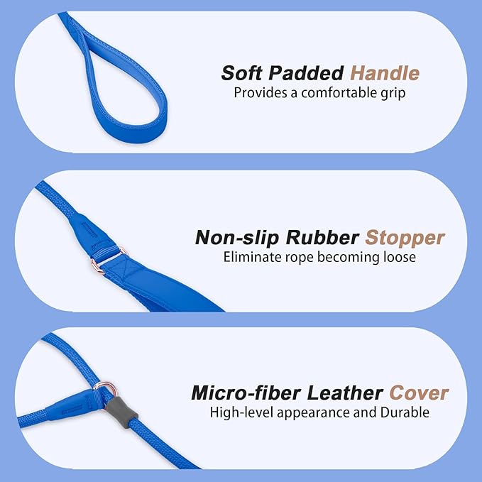 Slip Lead Dog Leash, Dog Training Leash with Double Handle, Soft Leather Slip Leash and Collar, Heavy Duty Nylon Dog Lead, No Pull Walking for Medium Large Small Dogs 5ft Dark Blue