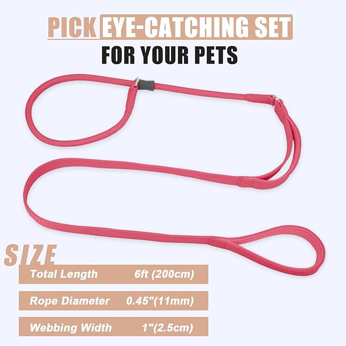 Slip Lead Dog Leash, Dog Training Leash with Double Handle, Soft Leather Slip Leash and Collar, Heavy Duty Nylon Dog Lead, No Pull Walking for Medium Large Small Dogs 6ft Hot Pink