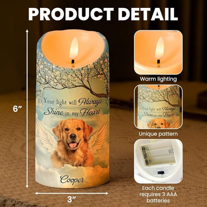 Custom Cat Dog in Heaven Memorial Led Candle Gift for Loss of Cat Dogs Your Light Will Always Shine in My Heart Pet Decor Remembrance Sympathy Led Candle for Dog Mom Dad On Pet Birthday Christmas