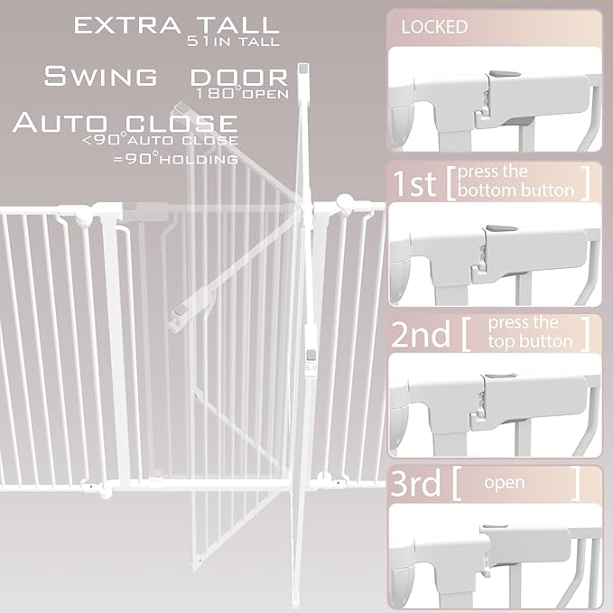 51" Extra Tall Cat Gate for Cats – 57.4" to 81" Extra Wide Cat Gate for Doorway,Auto Close 3-Panel Durable Pet Gate Indoor Use, Metal Dog Gate for Kitchens, Doorways & Stairs (White)
