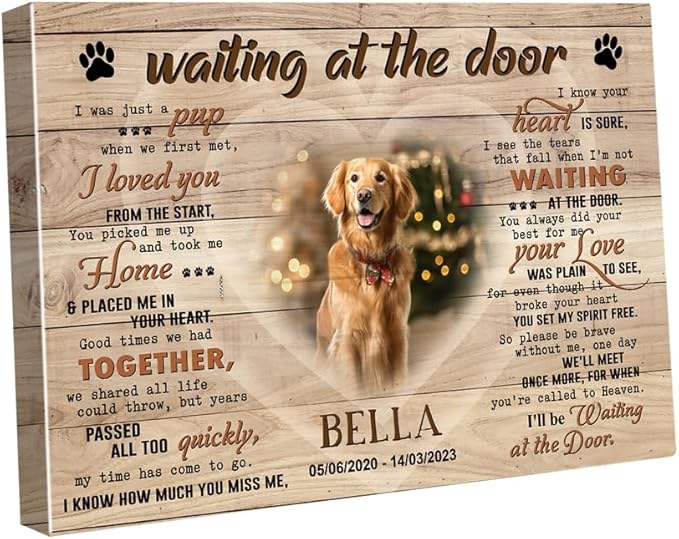 C80716 Personalized Memorial Canvas Gifts, Waiting At The Door, Dog Memorial Frames with Pictures, Gift For Dog Lover Mom Dad, Bereavement Sympathy