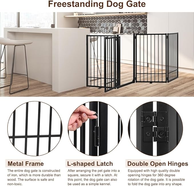 Metal Freestanding Dog Gate with Door, Extra Wide 81", 31" Height Foldable Dog Gates for Doorways, Tall Pet Fence Indoor Outdoor Pet Gates, 4 Panels Pet Barrier for Stairs Hallways, Black