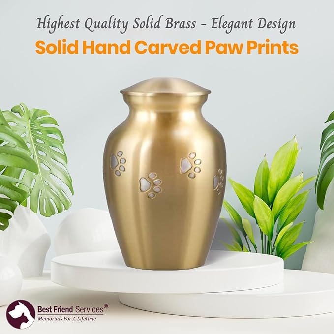 Ottillie Paws Legacy Series Pet Urn for Dogs, Handmade Brass Memorial Cremation Urn (Large - Pets up to 115 lbs, Brass, Horizontal Pewter Paws)