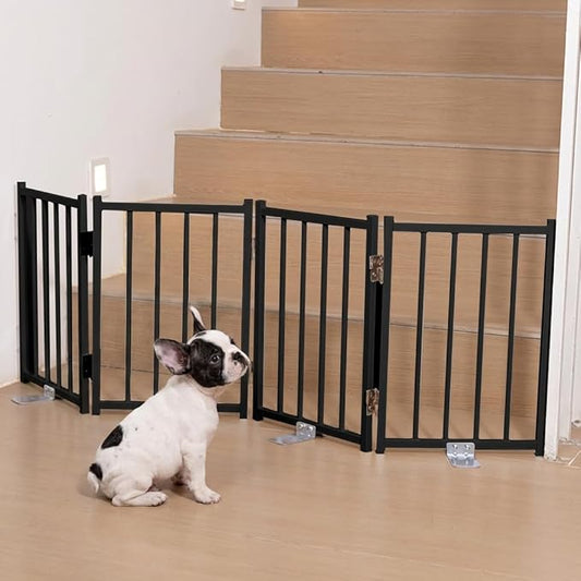 No Pawblems Free Standing Short Dog Gate, 16.5'' Tall Foldable Dog Fence for Indoor & Outdoor, Up to 48 Inch Extra Wide Puppy Gate for Stairs, Hallways, Doorways, Deck, Yard (Black, 4 Panels)