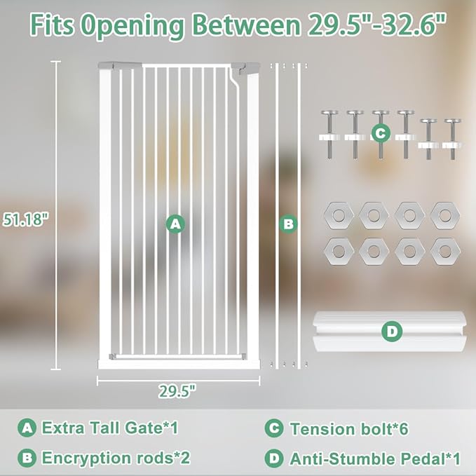51.18" Tall Extra Tall Pet Gate Dog Door, Auto Close Safety Gates for Kitchen Living Room Doorways Hallway,Indoor Pet Gates for Dogs or Cats(Black) (White, 29.6-32.6")
